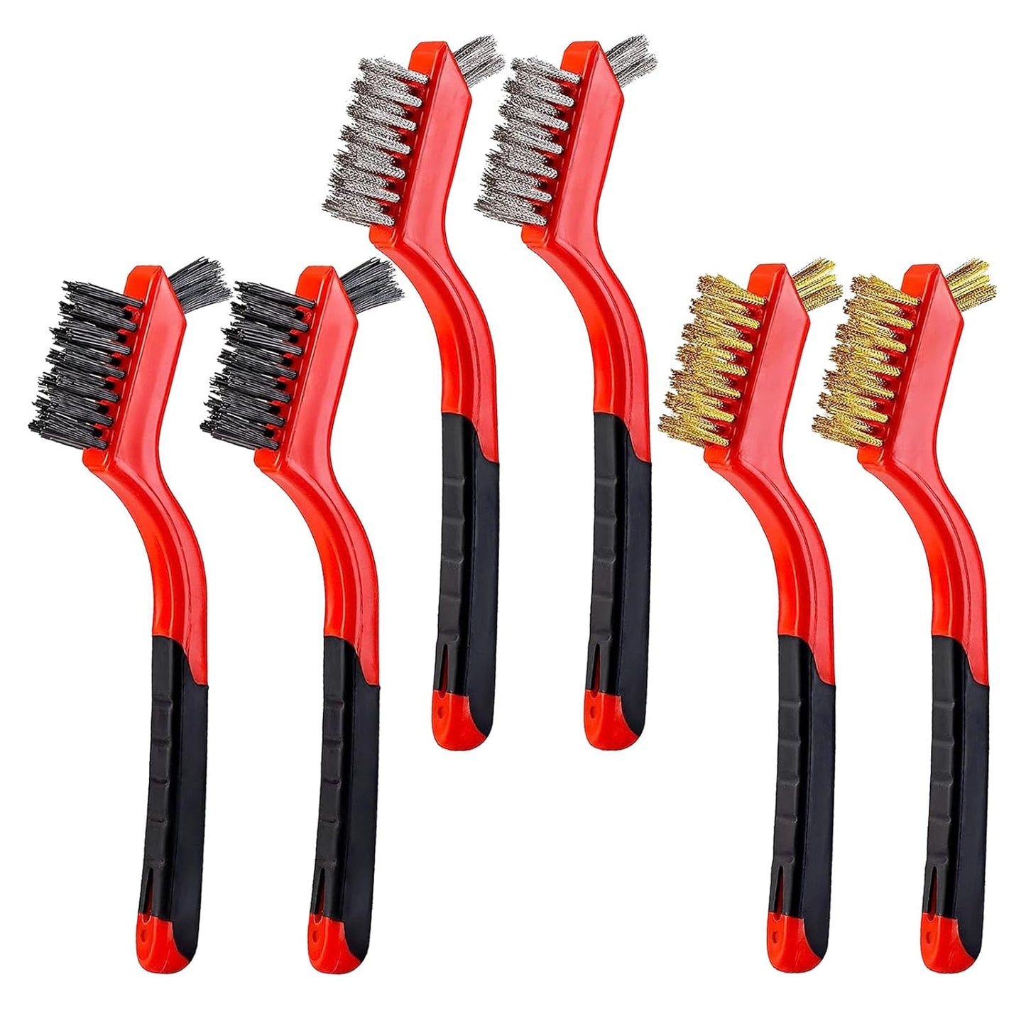 6Pcs Mini Wire Brush Set, Stainless Steel/Brass/Nylon Bristles Wire Brushes, Curved Handle Soft Grip for Rust, Dirt & Paint Scrubbing with Deep Cleaning – 7 Inches (Red)