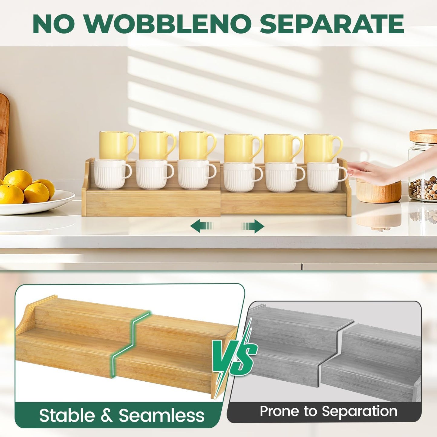 EsLuker.ly Coffee Mug Cup Holder Rack for Cabinets Countertop, 2 Tier Expandable Mug Storage Organizer Bamboo Coffee Bar Station Display Stand Shelf for Kitchen Countertop, No Assembly, More Space