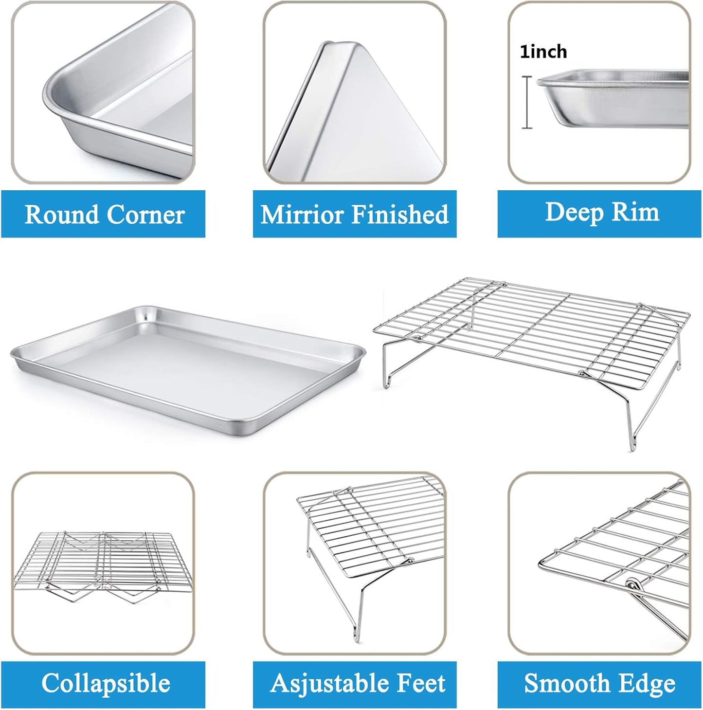 P&P CHEF 16 Inch Stainless Steel Baking Sheet with Rack Set (2 Pans+ 2 Racks), Cookie Sheets Baking Trays and Cooling Wire Racks, Oven & Dishwasher Safe, Pans with Stackable Racks
