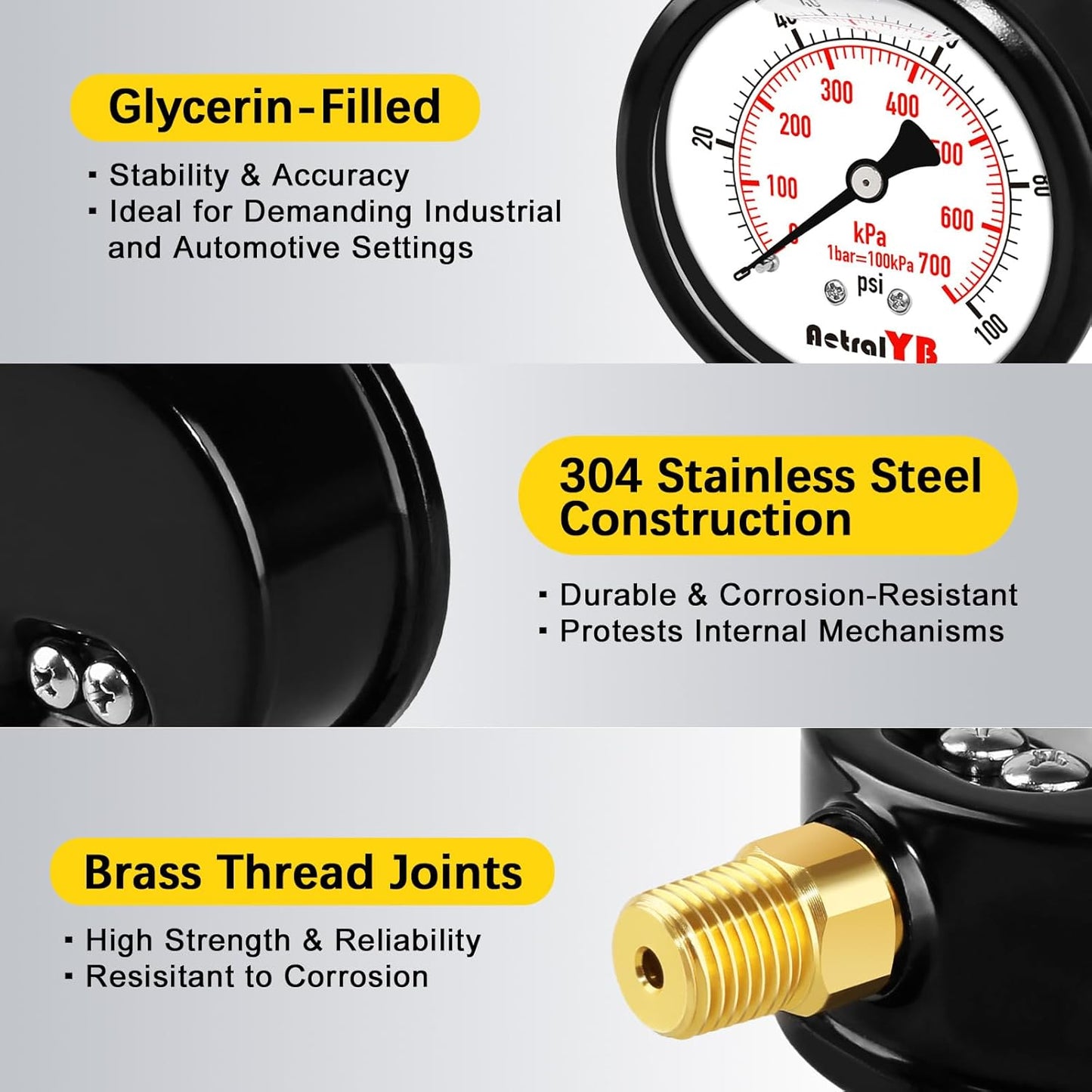 0-100 Psi 2.5 Inch Pressure Gauge Stainless Steel Case, Liquid Filled,1/4" NPT Lower Mount, IP67 Waterproof, for Water Pump, Pneumatic Air, Well, RV Hose, Tank, Gas