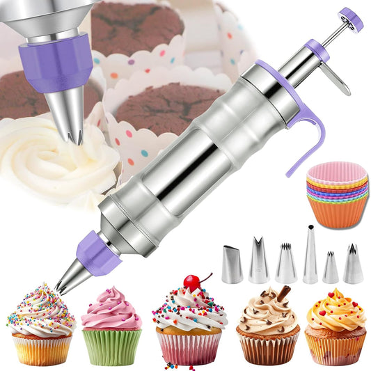 Novano Dessert Decorating Syringe Set, Frosting Piping Kit Stainless Steels Cake Decorating Kit with 6 Piping Tips & 9 silicone cupcakes, Cupcake Decorating Kit Piping Bags and Tips Set
