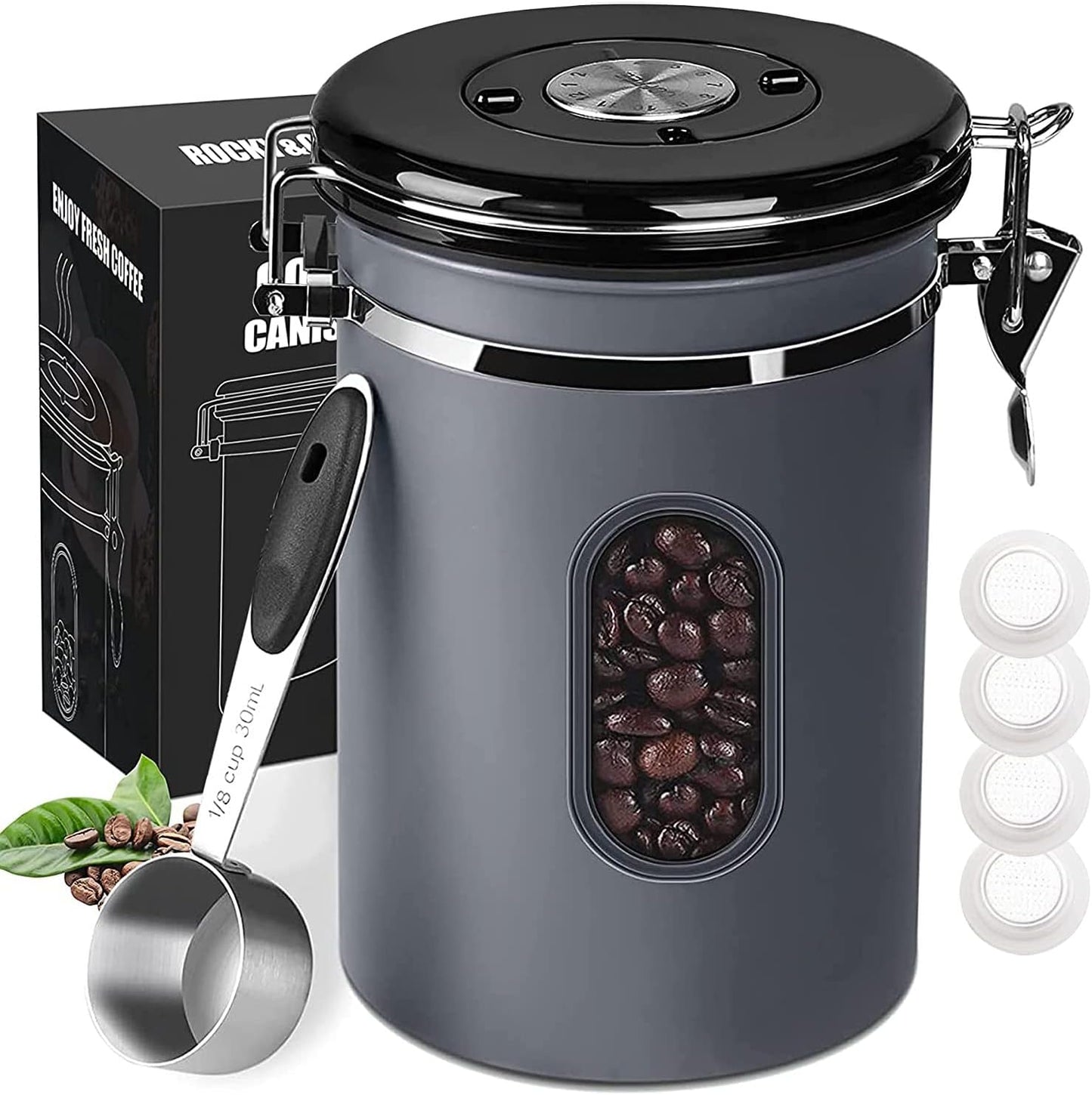 1800ML Airtight Coffee Canister with Date Tracker&Transparent Window, 22.8OZ Coffee Container with 30ML Measure Spoon&4 co2 Valve, Coffee Bean Storage Container for Grounds Coffee, Beans, Tea(Gray)