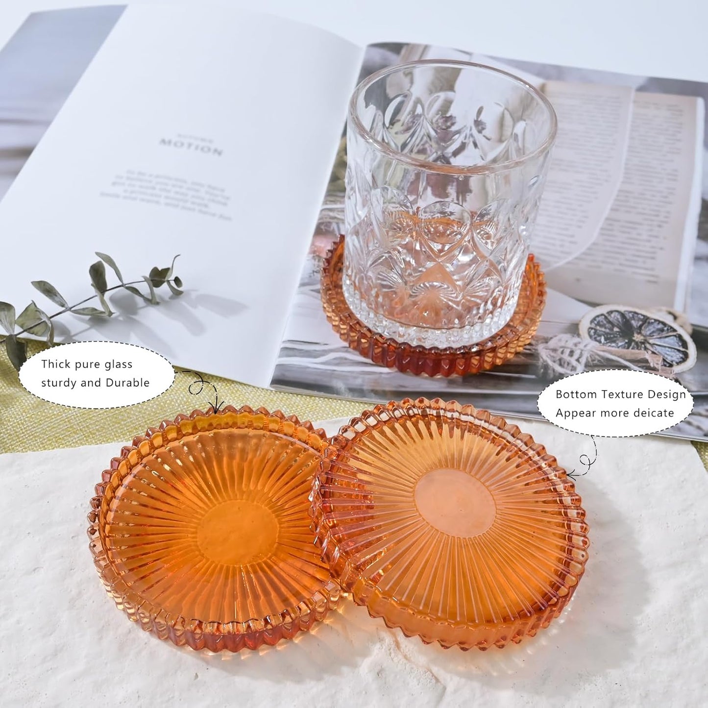 Glass Coaster 6 Pack Round Cup Coasters for Drinks,Crystal Coffee Coaster,Stylish Drink Coasters for Kitchen Bar Dining Room Living Room Office Decor and Jewelry Storage,Amber