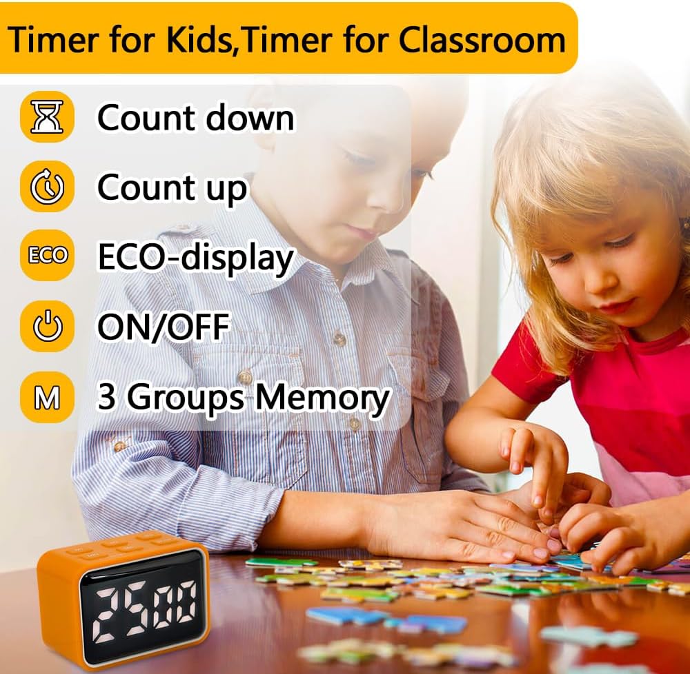 Digital Mini LED Timer, Rechargeable LED Countdown/Up Timer, 3 Pre-Set Memory Time Loud Alarm ON/Off Function, Ideal for Homework, Classroom, Office, Cooking, Students Kids (Orange)