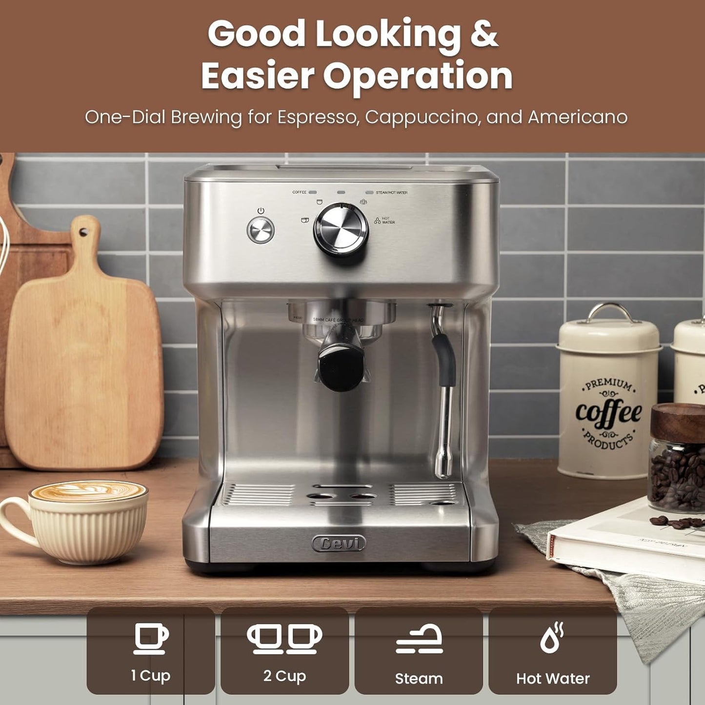 Gevi 58mm Commercial Grade Espresso Machine with PID Temp Control, Adjustable Shot/Temp, Powerful Steam Wand & Barista Kit - Ideal for Home & Café (EzBru 1000)