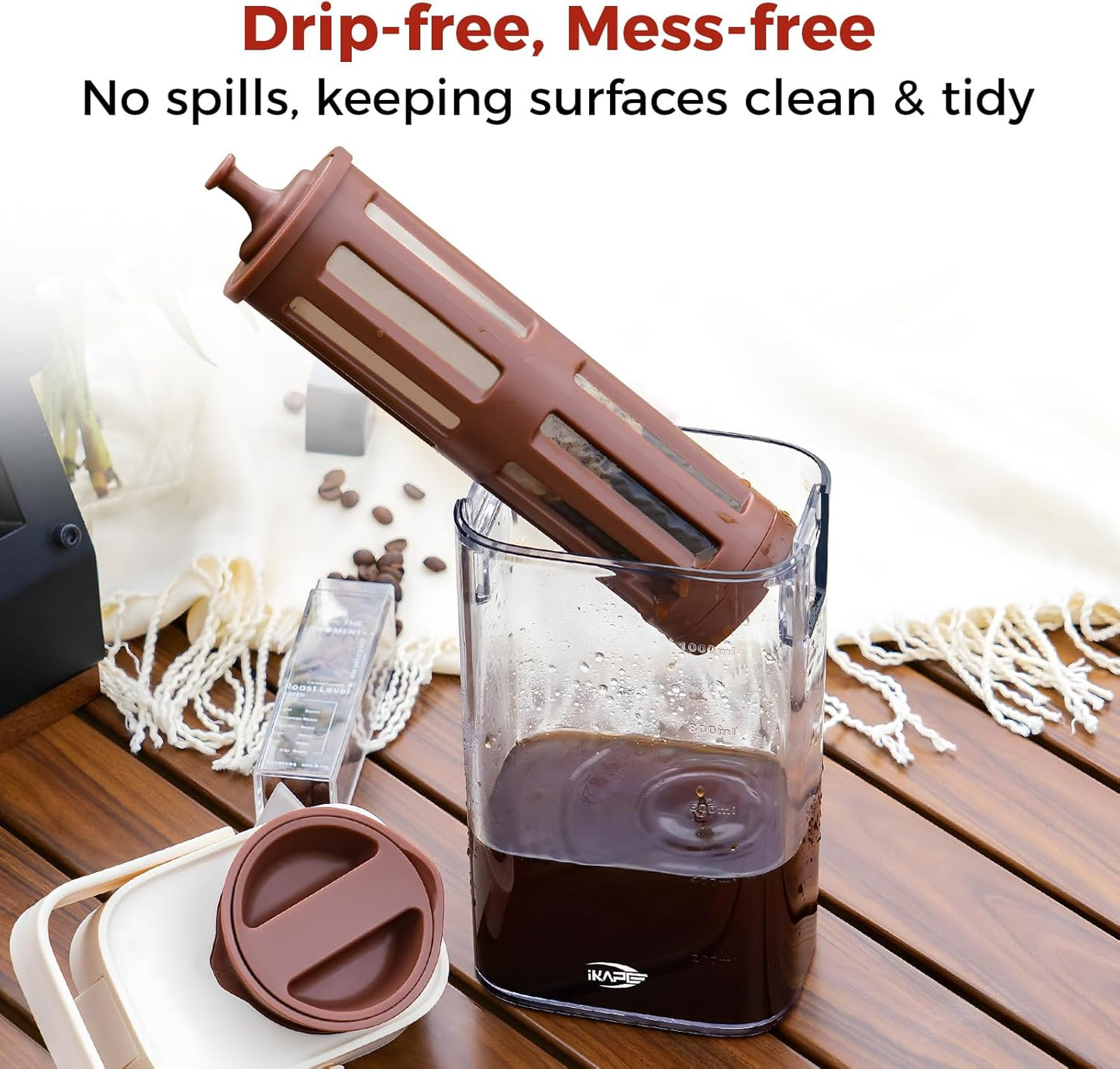 IKAPE 33.8oz Cold Brew Coffee Maker with Removable Filter, Leak-proof Spout for Iced Coffee, Tea & Flavored Drinks, Space Saving Tritan Pitcher (Brown)