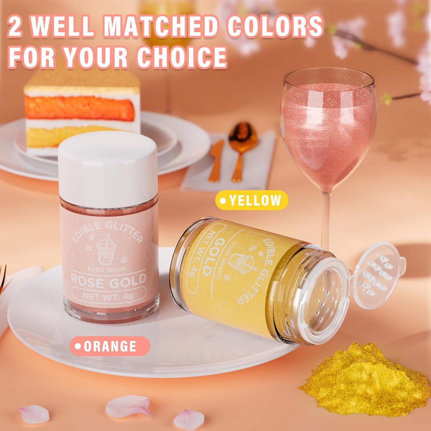 Cherrysea Edible Glitter for Drinks Cocktails Food Grade Edible Drink Shimmer Powder for DIY Champagne Beverages Wine 2 Colors Vegan Edible Luster Dust Set 4g/Bottle Gluten Free - Rosegold & Gold
