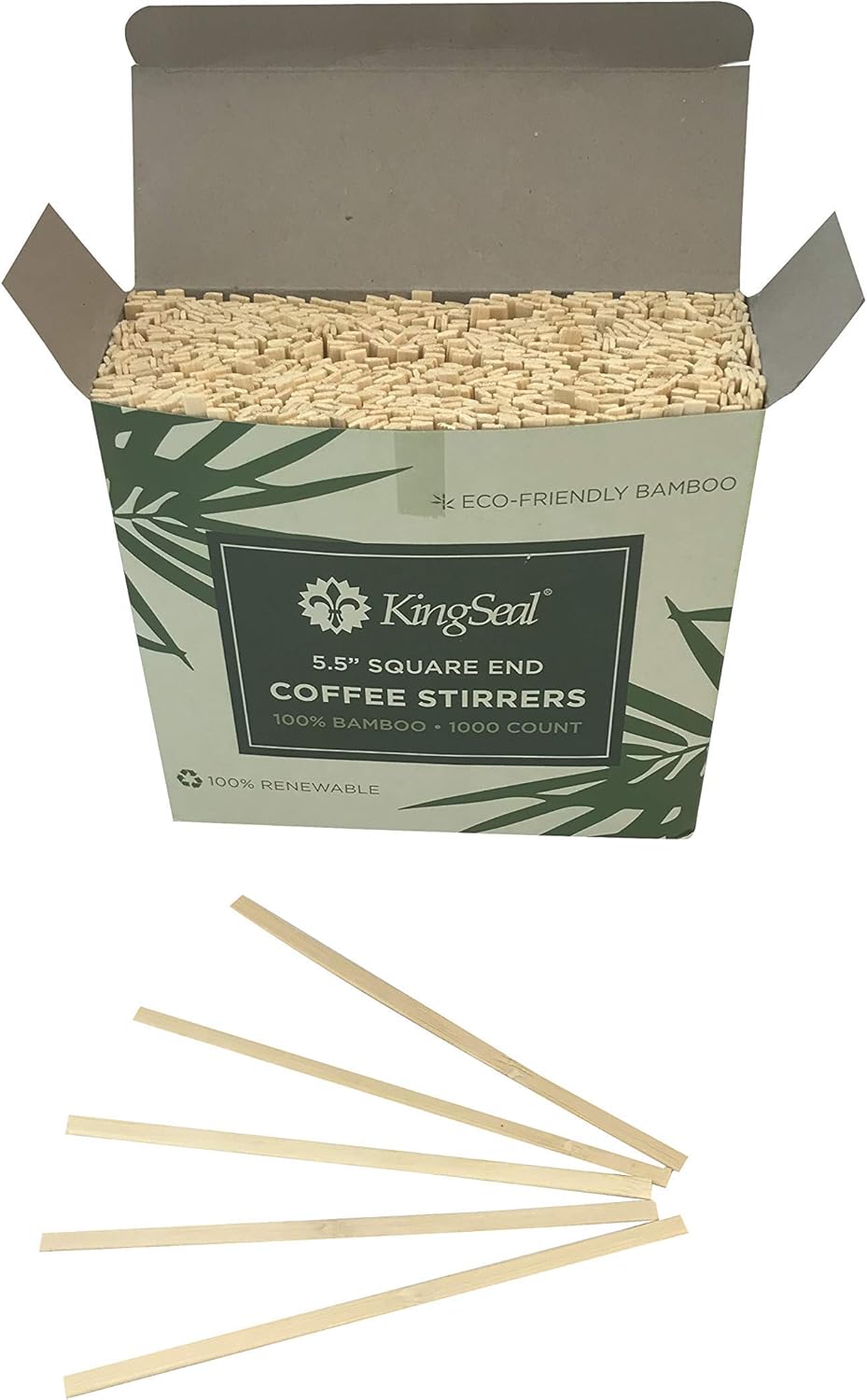 1000 Count | KingSeal Bamboo Coffee Stir Sticks, 5.5 inches, Square End, Stronger and Thicker Than Standard Wood, 100% Renewable and Biodegradable - 1 Box of 1000 Stirrers