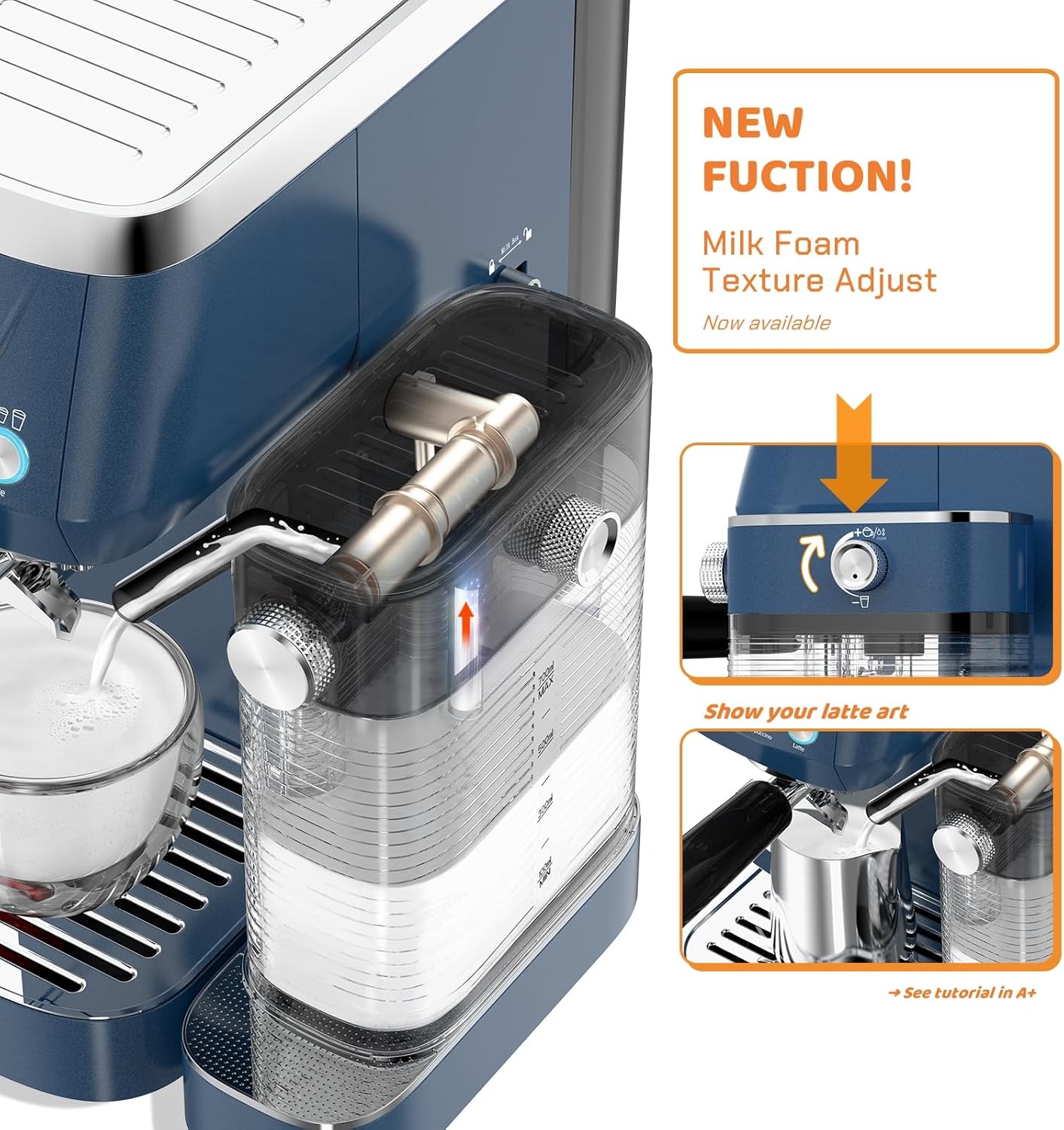Cappuccino Machine 20 Bar, Professional Espresso Machines for Home and Office with Automatic Milk Frothering System, Barista Compact Latte Maker for Coffee Lovers, Stainless Steel-Blue