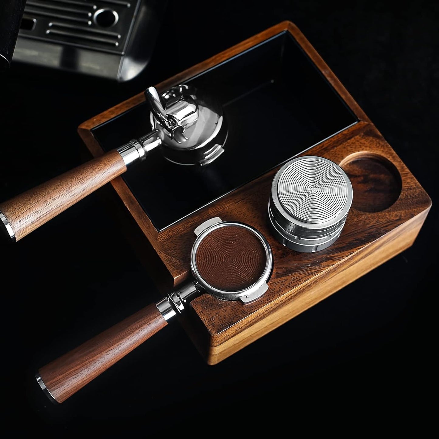 CrossCreek Coffee Knock Box | Fits 58mm Portafilter Holder | Tamping Station & Distributor Stand | Large Wood Espresso Container | Espresso Accessories for Coffee Bar