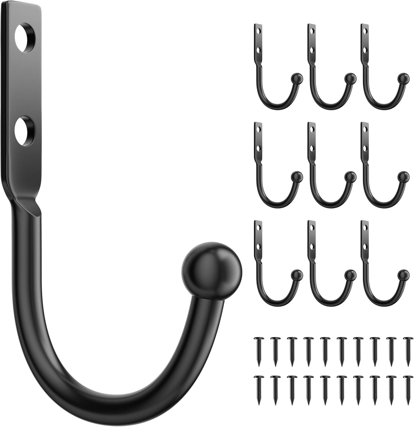 10 Pack Wall Hooks，Metal Hooks Hold up to 45 Lbs，Hooks Wall Mount for Hanging Towel/Coat/Bag/Keys/Cups，Ideal for Bathroom，Outdoor，Closet，Kitchen，Garage，Black