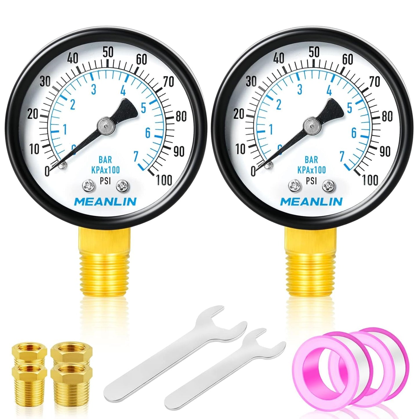MEANLIN MEASURE 0-100Psi 2" DIAL FACE 1/4" NPT Well Pump Pressure Gauge, with 1/2" NPT and 3/8" NPT Hex Bushing, 3-2-3% Accuracy, Lower Mount (Pack of 2)