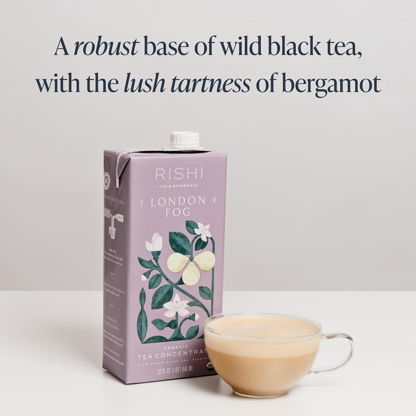 Rishi Tea London Fog Latte - Organic Black Tea Concentrate with Bergamot, Easy-to-Serve Hot or Iced Earl Grey Mix - 32 fl oz Carton, 8 Servings (Pack of 12)