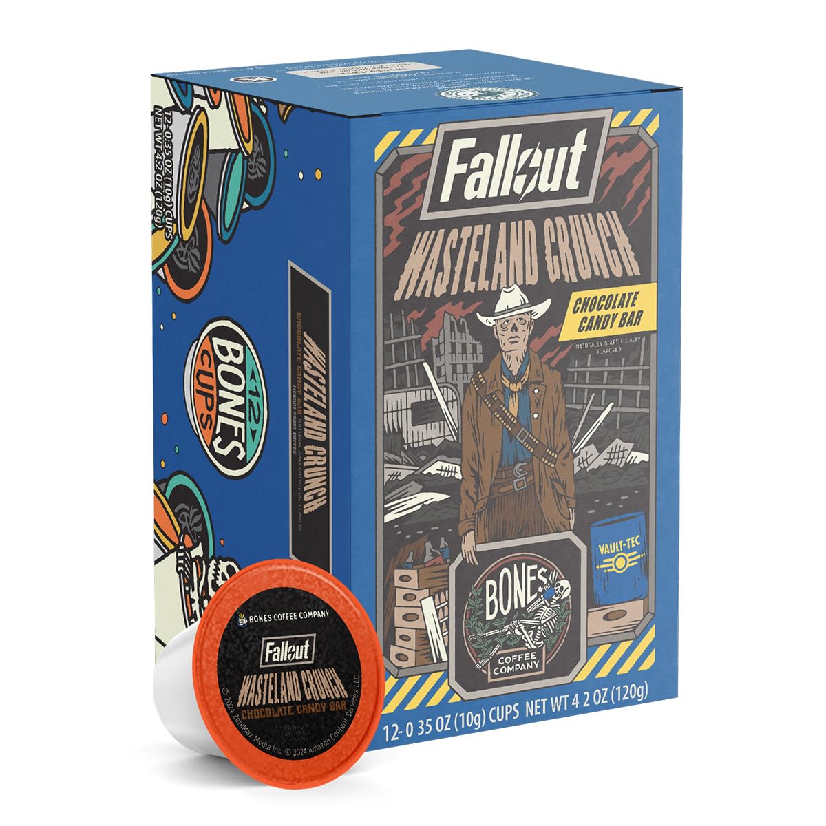 Bones Coffee Company Fallout Wasteland Crunch, Chocolate Candy Bar Flavored Coffee Pods, Low Acid Medium Roast Single-Serve Bones Cups, Compatible with 1.0 & 2.0 Capsule Brewers Coffee Maker, 12 Count
