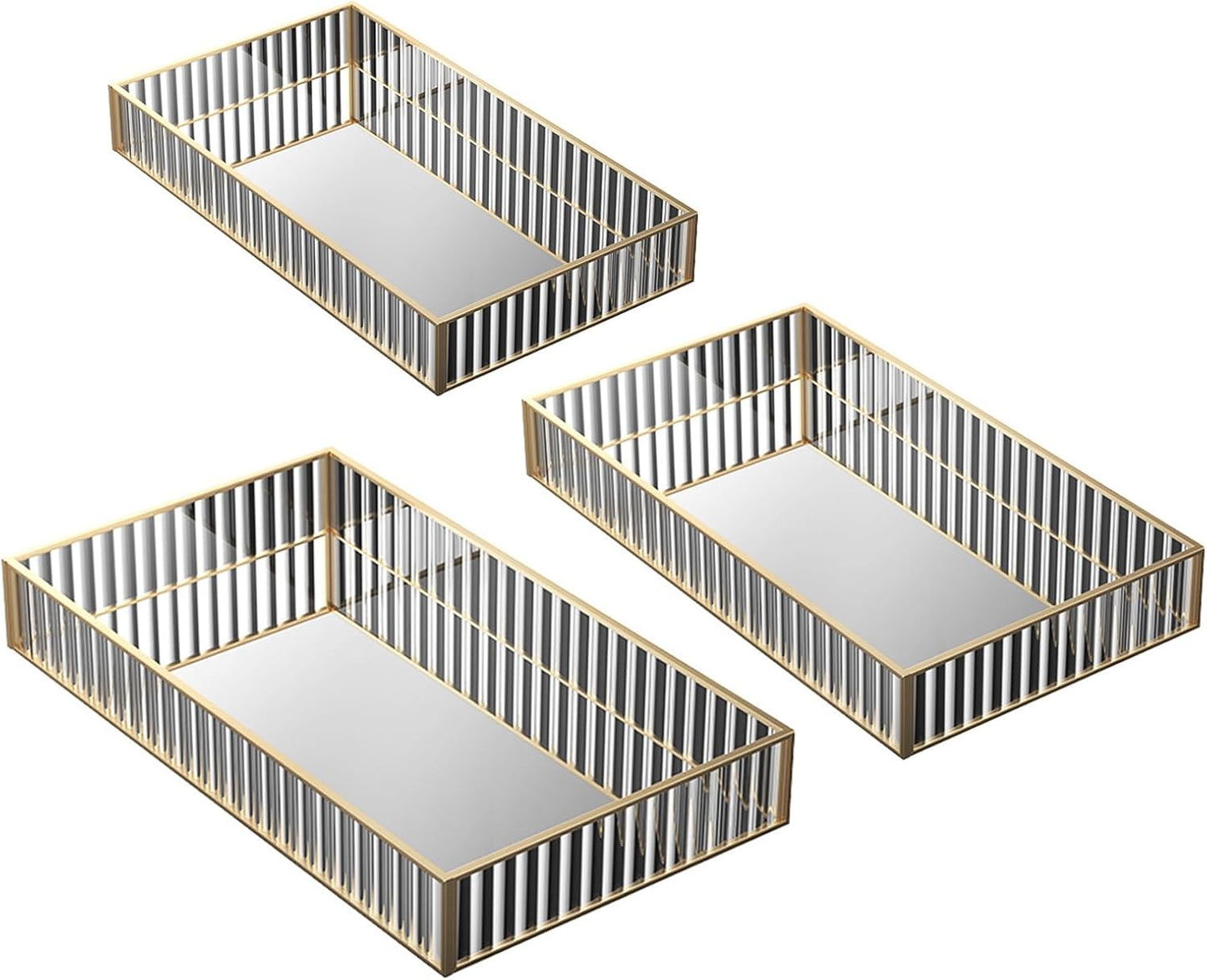 DAWNTREES Glass Vanity Tray, Bathroom Counter & Bedroom Dresser Organizer, Gold Border with Glass Bottom,Jewelry Makeup Perfume Display Trays for Home Decor,Set of 3 (Small, Medium, Large)