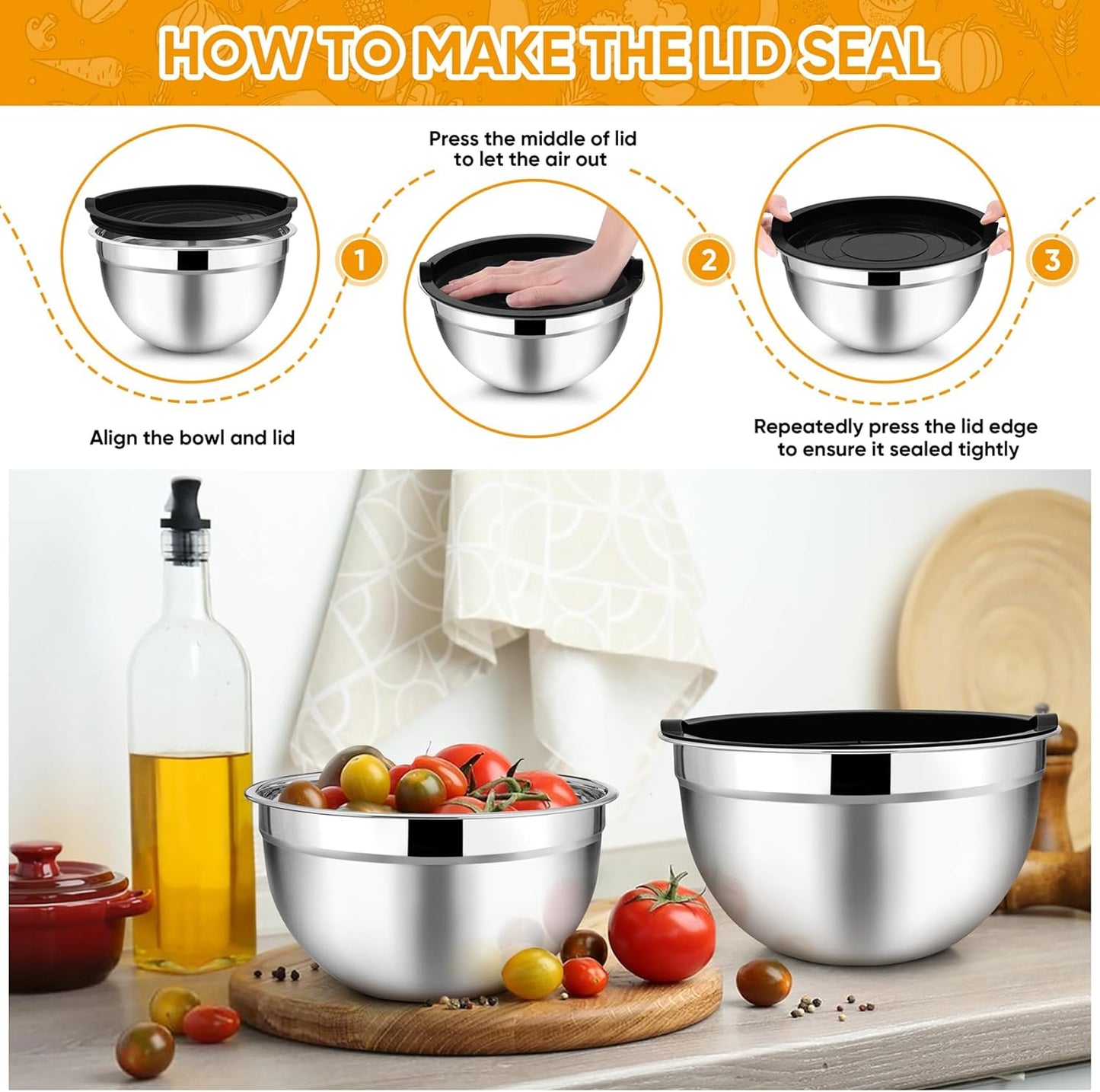 TeamFar Mixing Bowl Set of 5, 4.5/3/1.5/1/0.7 QT, Stainless Steel Metal Nesting Salad Bowl with Lid Set, Ideal for Mixing Serving, Non-Toxic & Sturdy, Airtight Lid & Easy Clean, Black