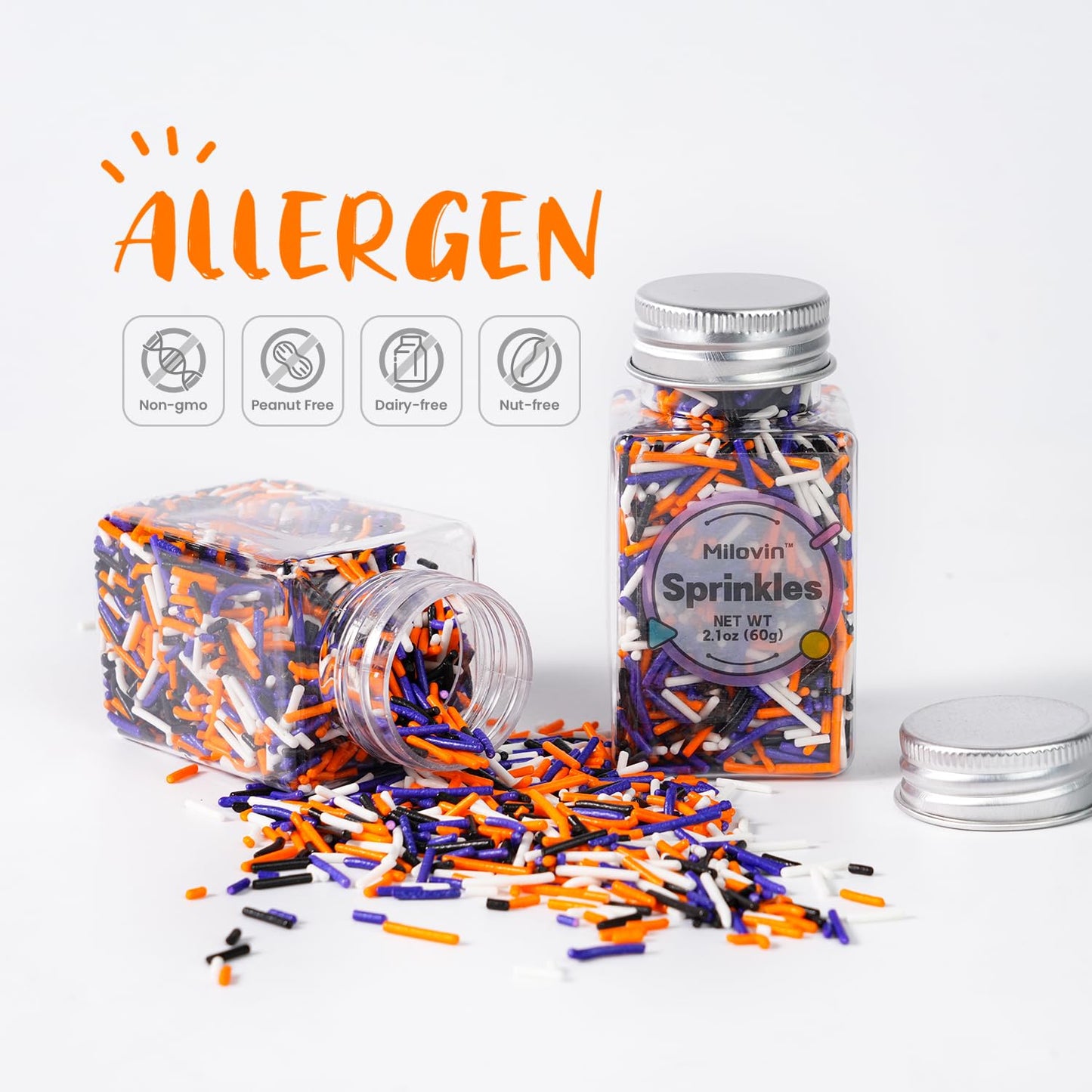 Edible Halloween Sprinkles for Cake Decorating, Halloween Jimmies Sprinkle, Nonpareils Sprinkle, White, Orange, Purple, and Black Sprinkles for Cupcakes, Macarons, Ice Cream, and Cookies