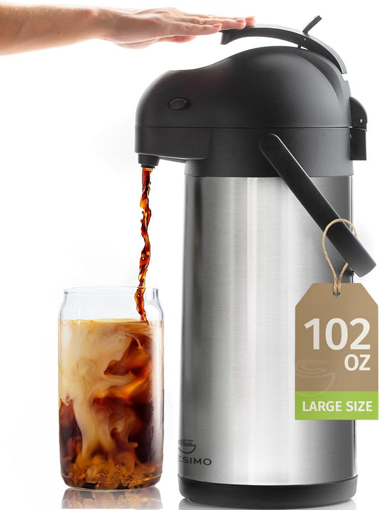 Cresimo Coffee Carafe with Pump - 102oz / 3L Airpot 12 Hours Large Hot Water Carafe, Cocoa Dispenser for Parties - Tea Flask, Insulated Stainless Steel Air Pots for Hot Beverage Dispenser -Coffee Pump