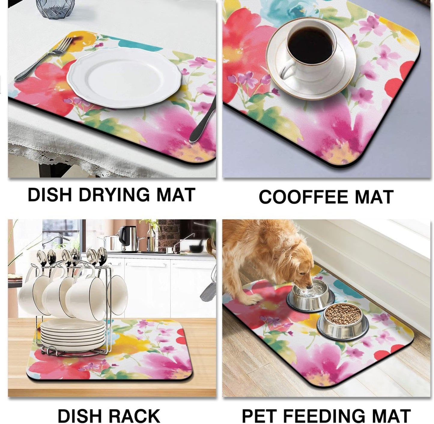 Dish Drying Mat, 24x18in, Watercolor Flower, Nylon, Diatomite, Rubber Backed, Absorbent, Quick Dry, Non-Slip, Wide Use