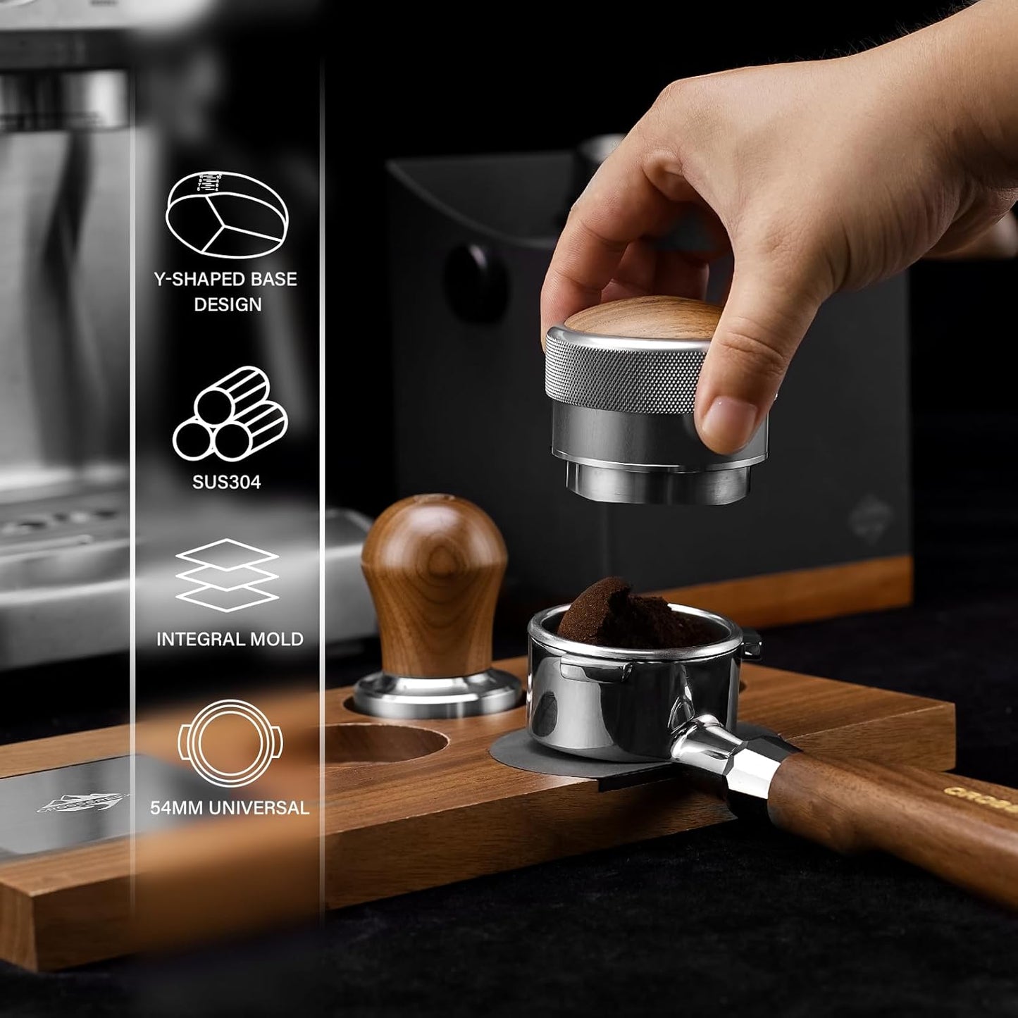 CrossCreek 54mm Espresso Distributor | Adjustable Depth Distribution Tools Fits 54mm Breville Portafilter | Stainless Steel & Walnut Coffee Distributor | Espresso Machine Accessories for Coffee Bar