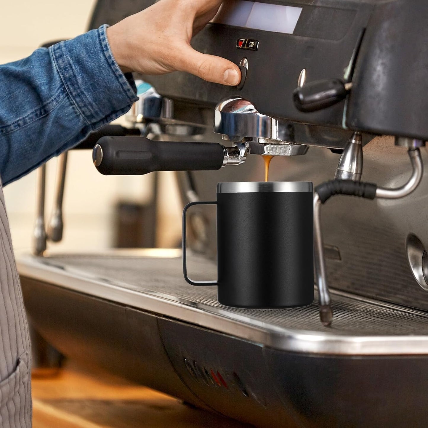 12 oz Insulated Coffee Mug Bulk with Handle, Stainless Steel Travel Coffee Mug with Lid, Double Wall Vacuum Metal Coffee Cup, Coffee Tumbler Powder Coated, Black 4 Pack