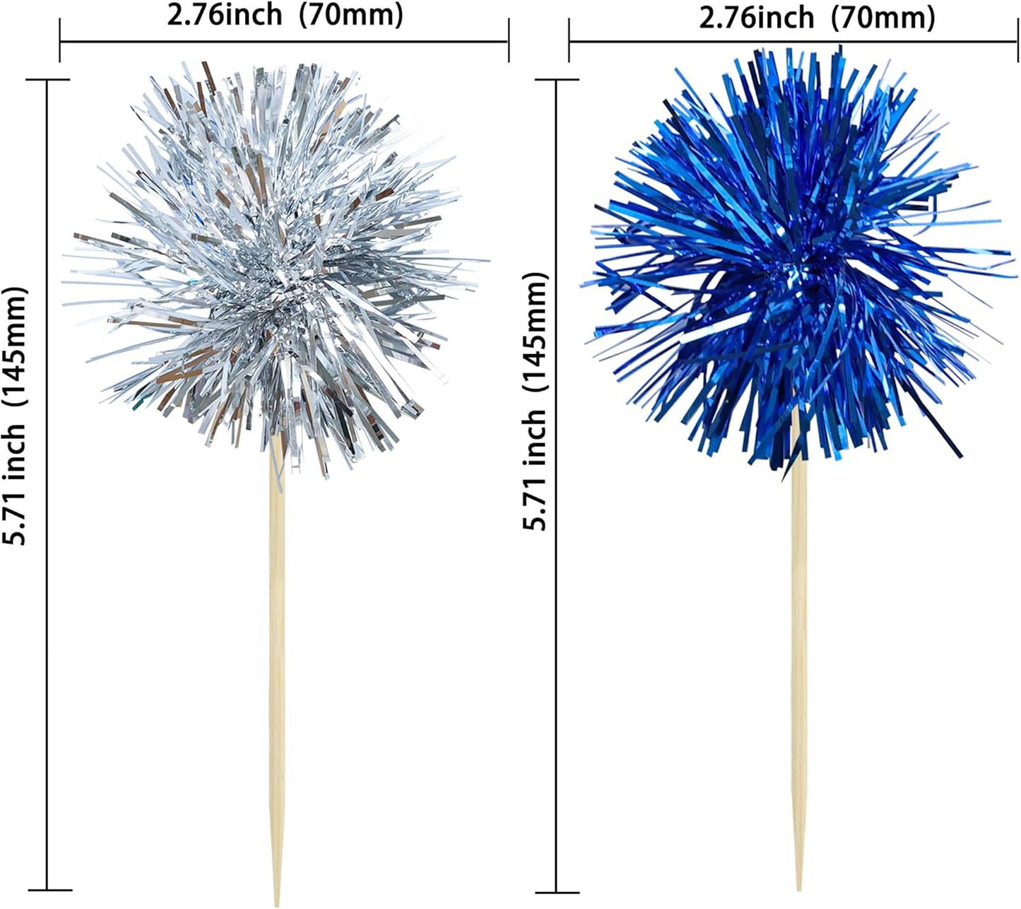 Gyufise 30Pcs Foil Firework Cupcake Toppers Sparkle Tinsel Cake Toppers Tinsel Drink Cake Decoration Cocktail Picks for Birthday Wedding Graduation Party Supplies Silver Dark Blue