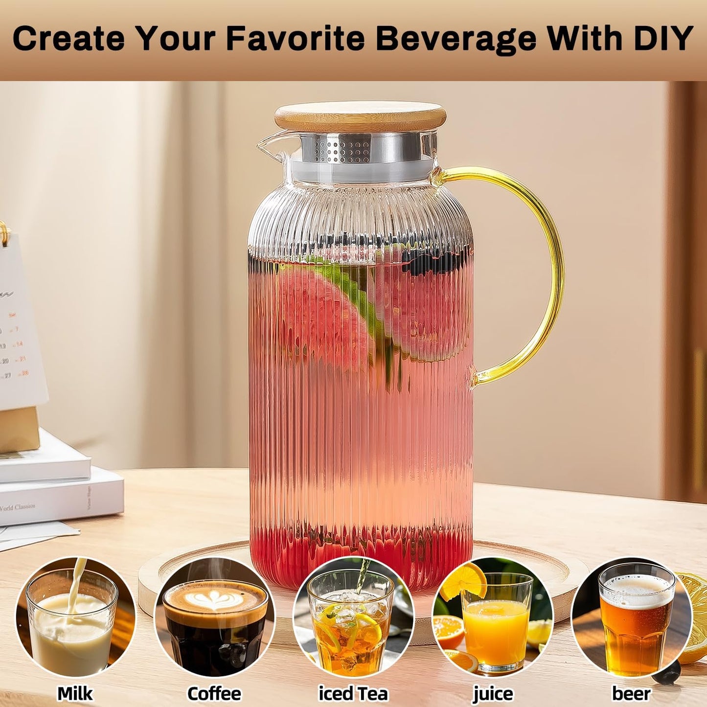 Glass Pitcher with Lid, 2 PACK 68 oz/2 Liter Vertical Water Pitcher With Serving Tray, Clear Borosilicate Glass Water Carafe for Cold Brew, Coffee, Lemonade, Iced Sun Tea,Beverage,Heat Resistant