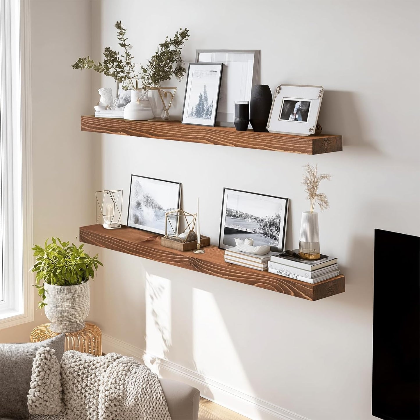 36x8x1.6 inch Floating Shelves Set of 2 – Solid Wood Rustic Brown Wall Mounted Shelf for Kitchen, Bathroom, Living Room