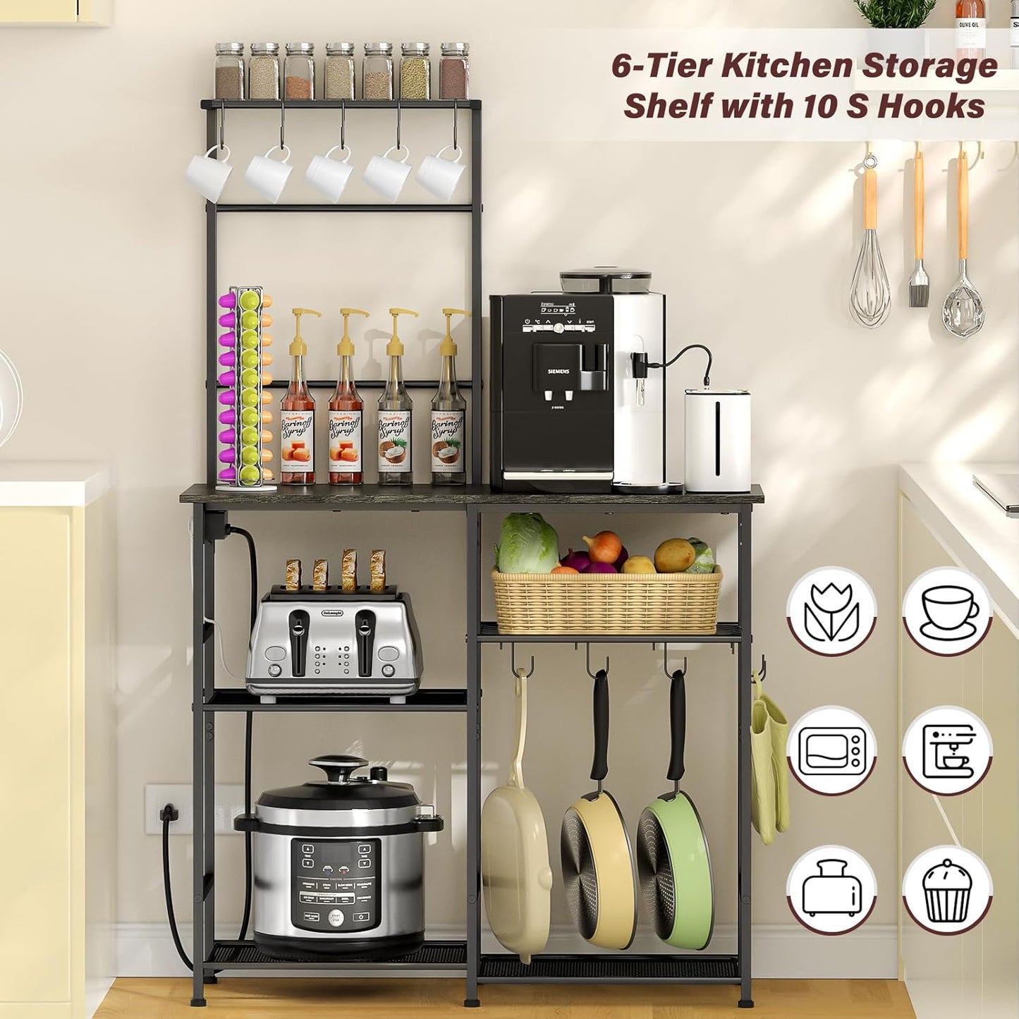 Bakers Rack with Power Outlet, Kitchen Microwave Stand with 10 S-shaped Hooks, 6-Tier Coffee Bar Station, Kitchen Storage Shelf Rack for Spices, Pots, Gray