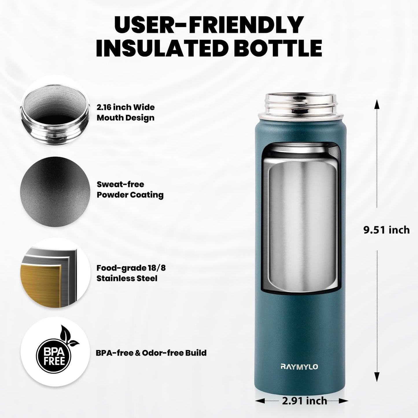 Insulated Water Bottle 20 oz, Triple Wall Vacuum Stainless Steel (Cold for 48 Hrs), Leak Proof & Non-BPA, Kids Water Bottle Jug for School with Straw Spout Lids, Dark Green