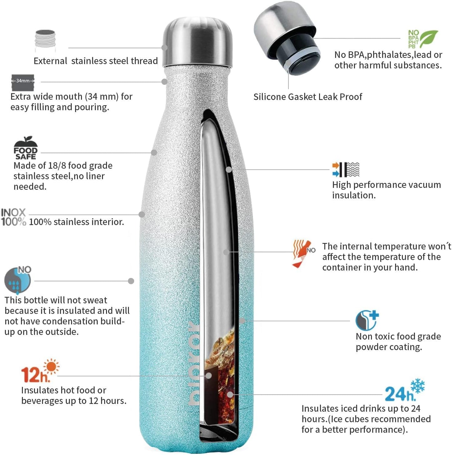 BJPKPK Insulated Water Bottles 17oz Stainless Steel Sports Water Bottles Keep Cold for 24 Hours and Hot for 12 Hours,BPA Free,Glitter Silver Blue