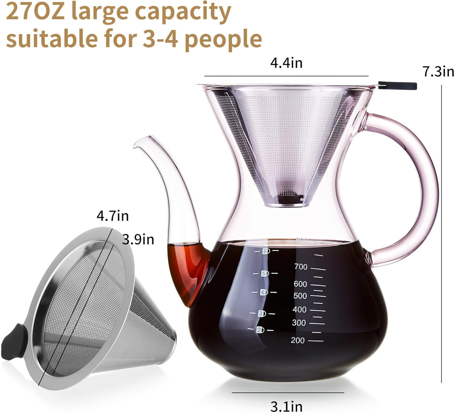 Unbreakable - Pour Over Coffee Maker with Double Stainless Filter 34 fl oz, Thickened Heat-Resistant Borosilicate Glass Pour Over Coffee Dripper, Stovetop Safe