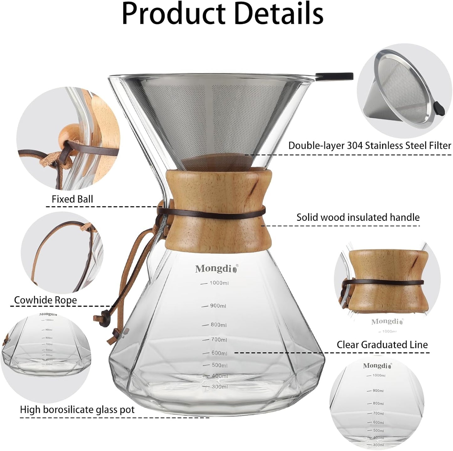 Mongdio 34oz/1000ml Pour Over Coffee Maker with Reusable Stainless Steel Filter and Wooden Collar Holder, 6-8 Cups Borosilicate Glass Coffee Maker for Camping Home, Clear