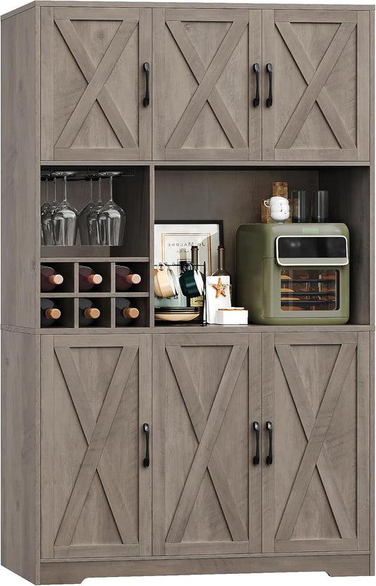HOSTACK Kitchen Pantry Storage Cabinet, 71" Tall Food Pantry Cabinet with Microwave Stand, Farmhouse Kitchen Hutch, Coffee Bar Hutch with Wine Rack for Dining Room, Living Room, Ash Grey