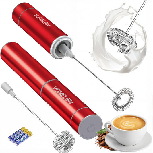 Milk Frother Handheld, Battery Operated Coffee Foamer Drink Mixer with 2 Stainless Steel Electric Whisks for Coffee, Latte, Cappuccino, Hot Chocolate, Protein， Batteries Included, Ruby Red