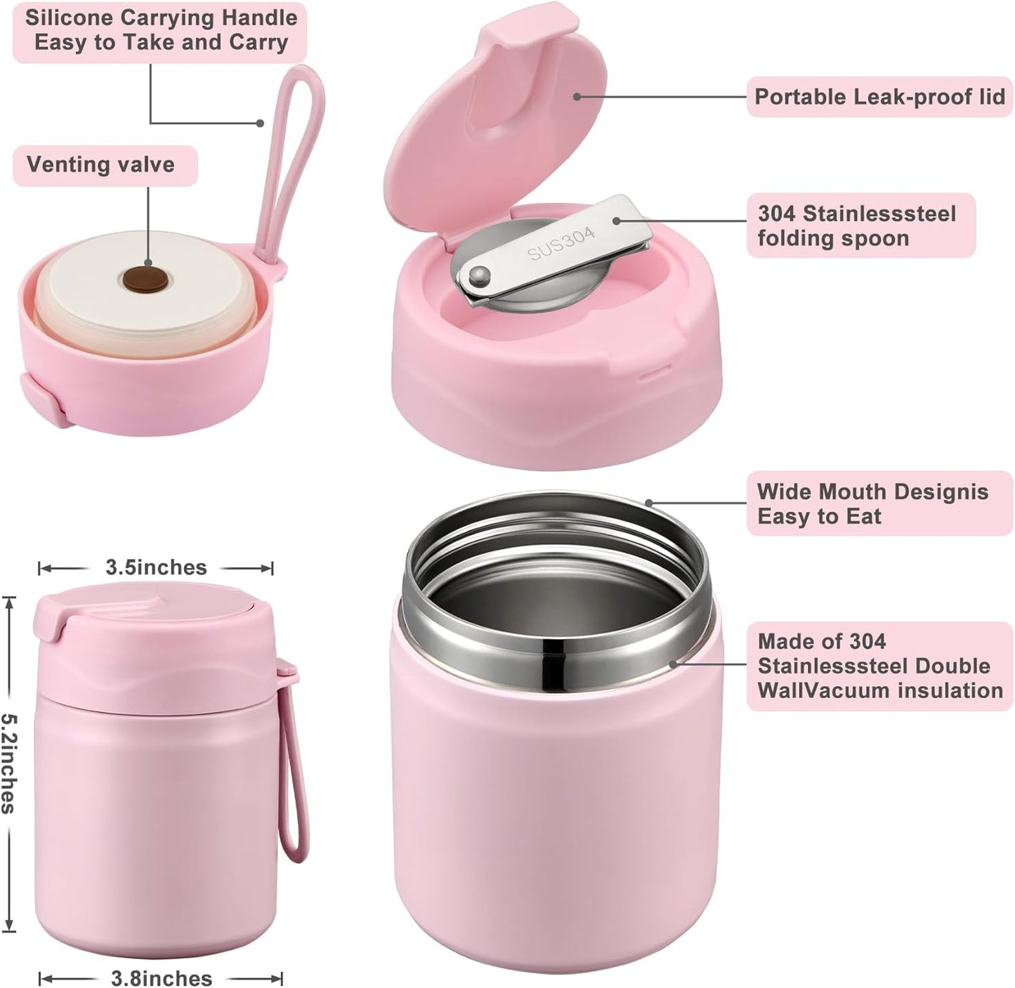 17oz Soup Thermo for Hot Food Kids,Insulated Food Jar with Spoon,Thermo Hot Food Lunch Container,Wide Mouth Leakproof Stainless Steel Lunch Box for School-Pink