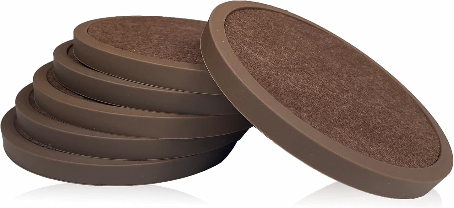 Absorbent Coasters for Drinks - 6packs, Silicone Coasters with Soft Felt Insert (4.3inch, Brown)