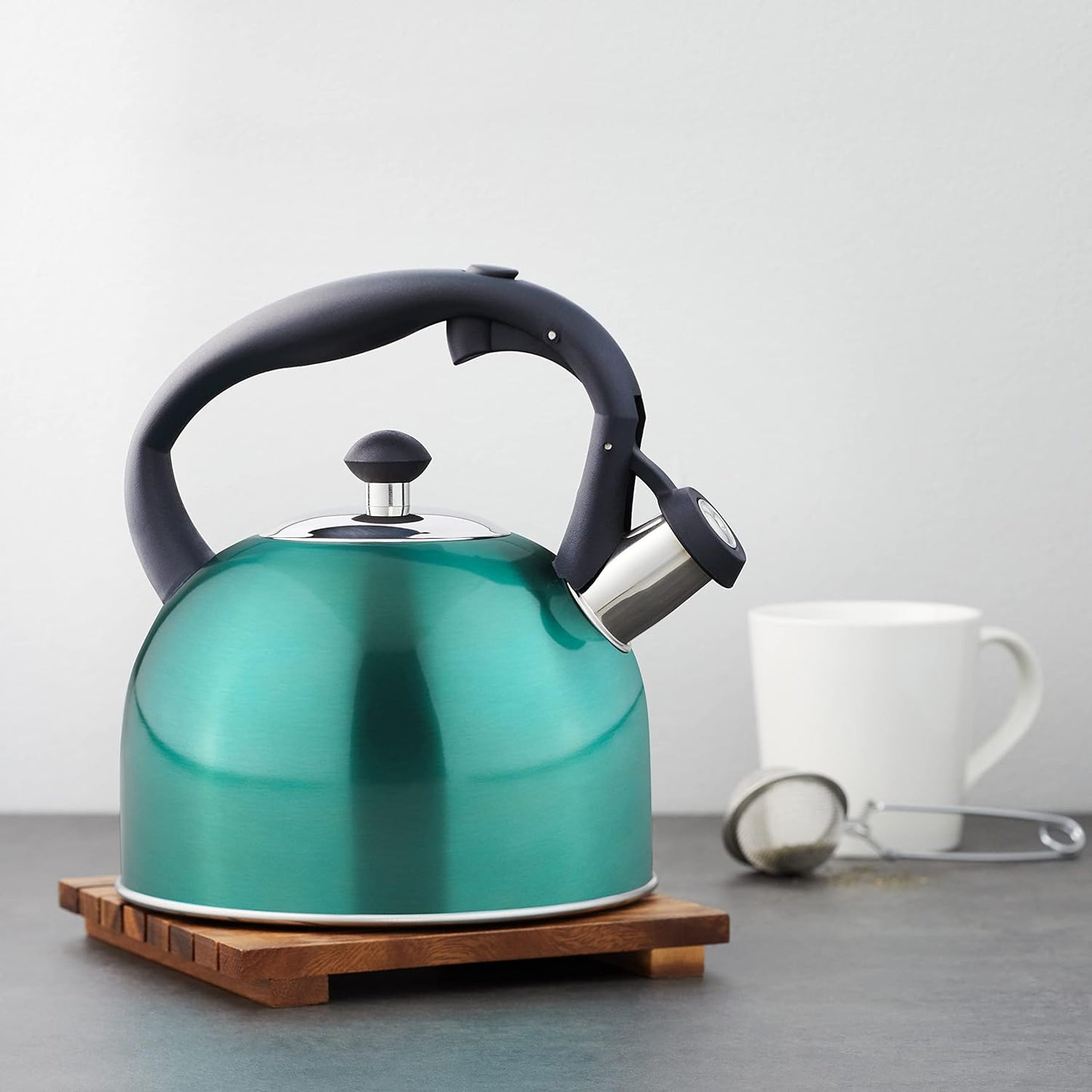 Amazon Basics Stainless Steel Tea Kettle, Hot Water Kettle with Whistle Spout, Fast Boiling, Ergonomic Handle, 2.4-Quart, Teal