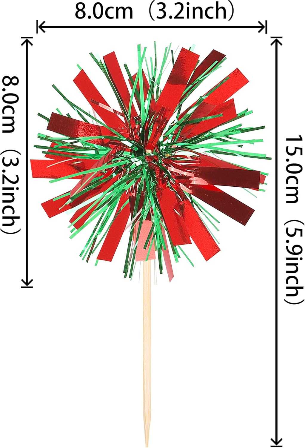 30 PCS Foil Firework Cupcake Toppers Sparkle Tinsel Cupcake Picks Happy Birthday Cake Decorations Drink Stirrers Cocktail Food Fruit Toothpicks for Baby Shower Graduation Party Supplies Red Green