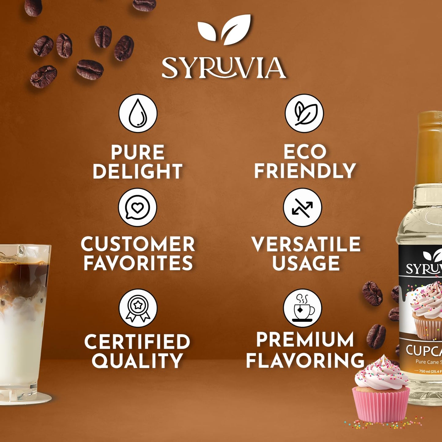 Syruvia Cupcake Coffee Syrup - 25.4 fl oz - Kosher Syrups, Gluten Free, No Coloring, Perfect for Drinks, Soda, Shakes, Desserts, and More.