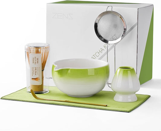 ZENS Matcha Whisk Set, 15oz Matcha Bowl with Spout, 6pcs Matcha Tea Set with Bamboo Whisk & Scoop, Holder (Chasen), Matcha Sifter, Tea Towel for Matcha Ceremony, Green