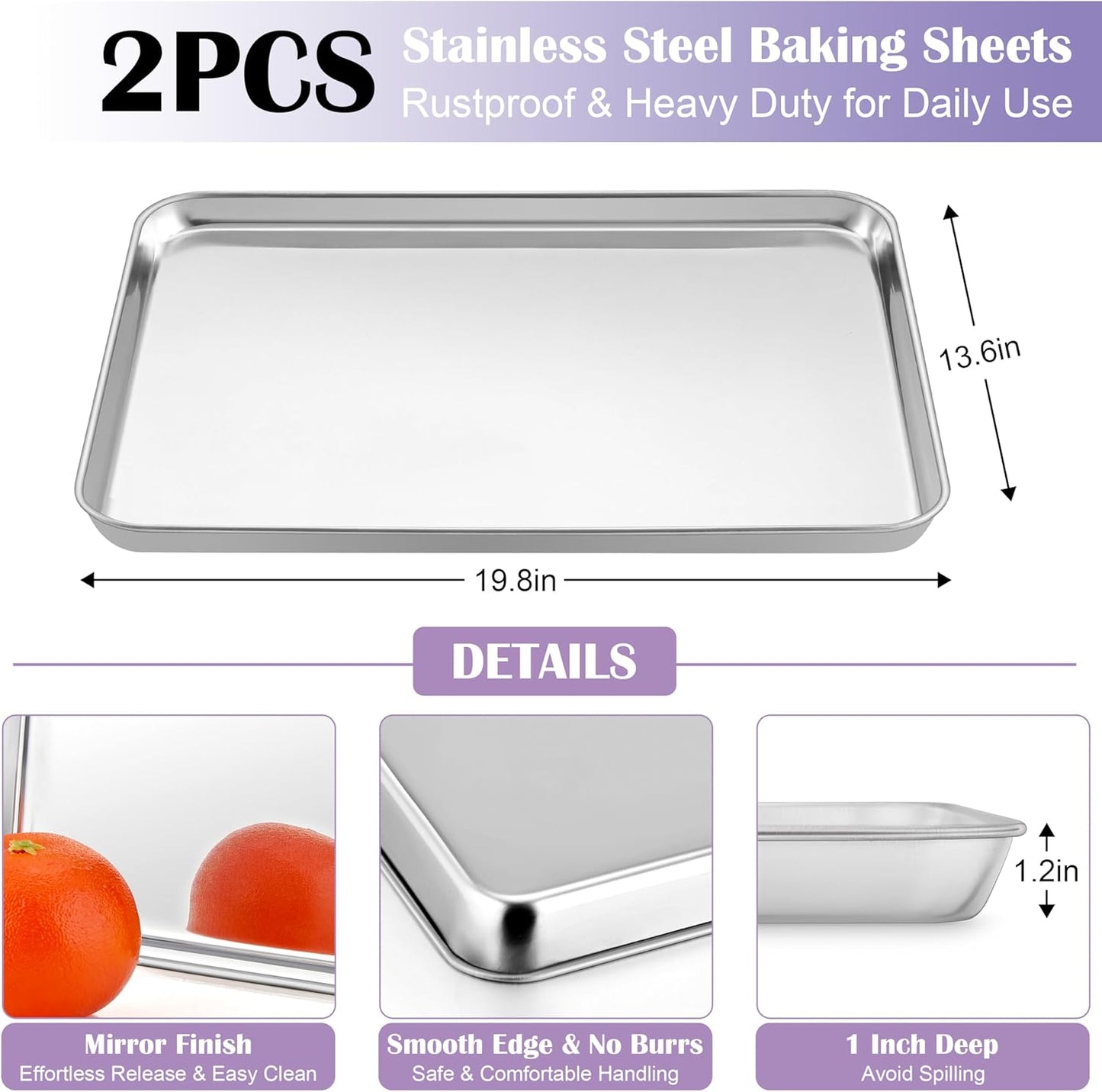 E-far Large Baking Sheet with Wire Rack (2 Pans + 2 Racks), 20 x 14 Inch Stainless Steel Cookie Pans Tray & Cooling Rack for Baking, Non Toxic & Heavy Duty & Rust Free, Oven & Dishwasher Safe