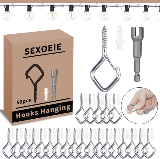 50 PCS Sliver Eye Screw Hooks for Hanging Heavy Duty with Safety Buckle.Metal Ceiling Hooks for Hanging Plants Cup Wind Chime Bird Feeders Patio Lights at Indoor&Outdoor