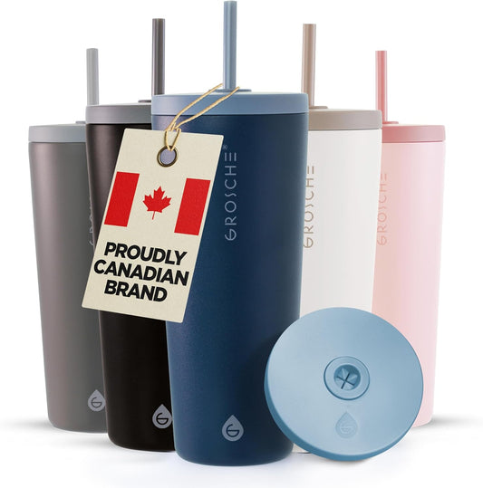 GROSCHE Jasper Insulated Stainless Steel Tumbler With Straw – Travel Cup with Lid, Extreme Insulation & Sleek Design, 23 oz - Blue