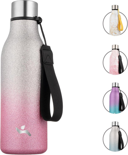 Insulated Water Bottle with Strap,18 oz Double Wall Stainless Steel Vacuum Bottles Metal Water Flask,Sparkling Silver Pink