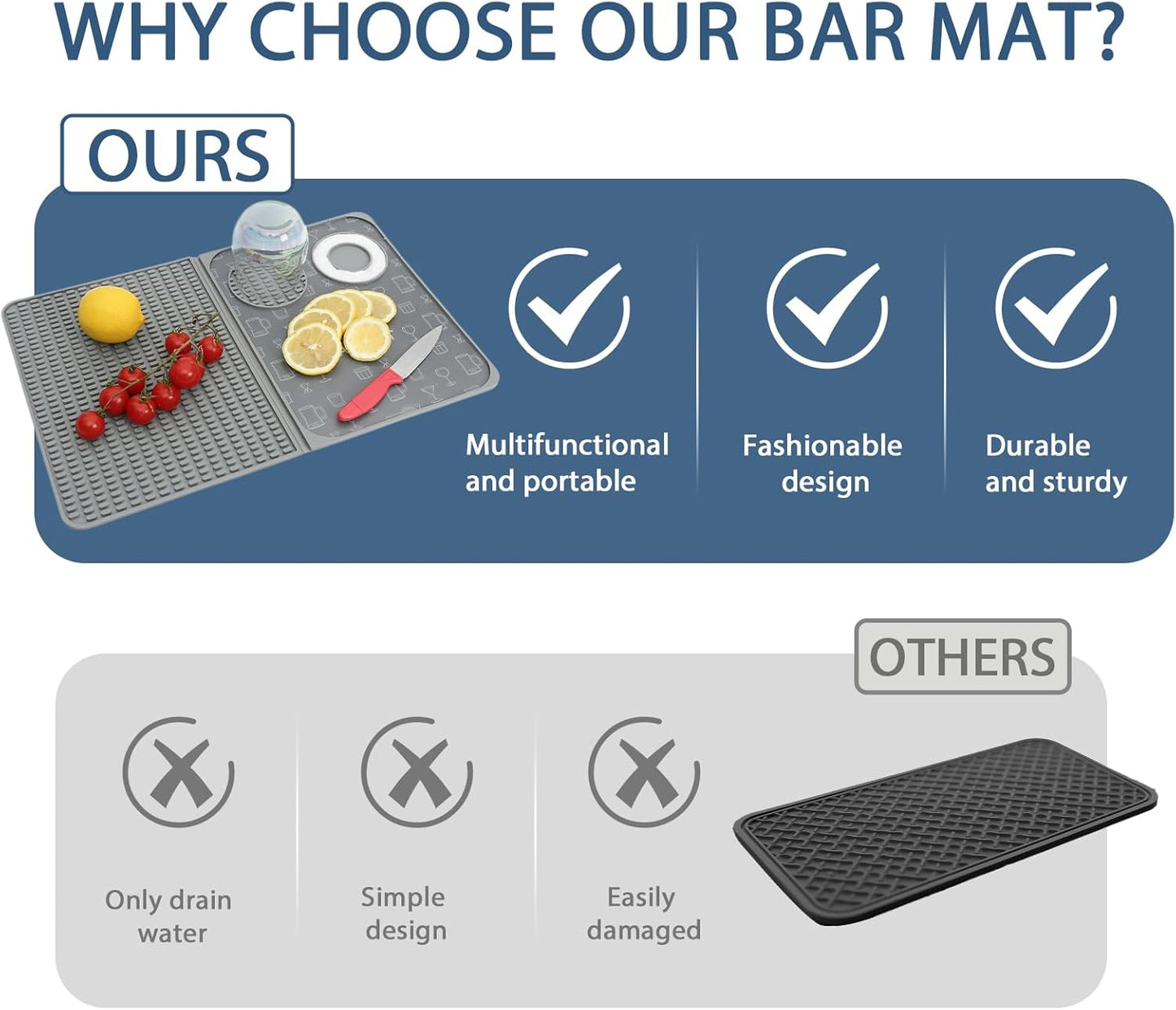 Foldable Bar Mat 18x12 inch - 3-in-1 Silicone Drying Mat with Removable Cutting Board & Rim Tray | Countertop Protector for Home, Outdoor, Travel | Professional Cocktail Accessories (gray)