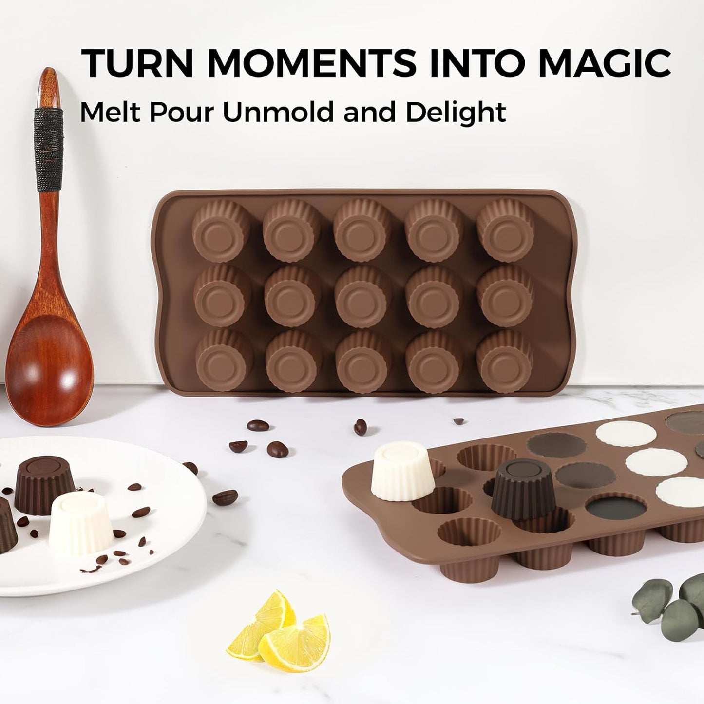 Peanut Butter Cup Mold, 15 Cavity Chocolate Candy Molds, Silicone Baking Mold for Snack Size Mini Peanut Butter Cup, Jelly, and Cordial, Pack of 2