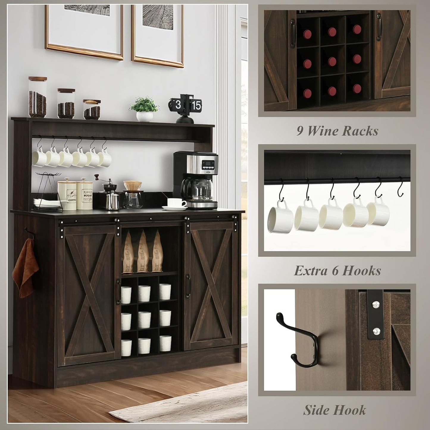 4ever2buy Farmhouse Coffee Bar Cabinet with 6 Hooks, 47 Inch Coffee Bar Hutch with 9 Wine Racks, Buffet Cabinet with Sliding Barn Door, Dark Oak
