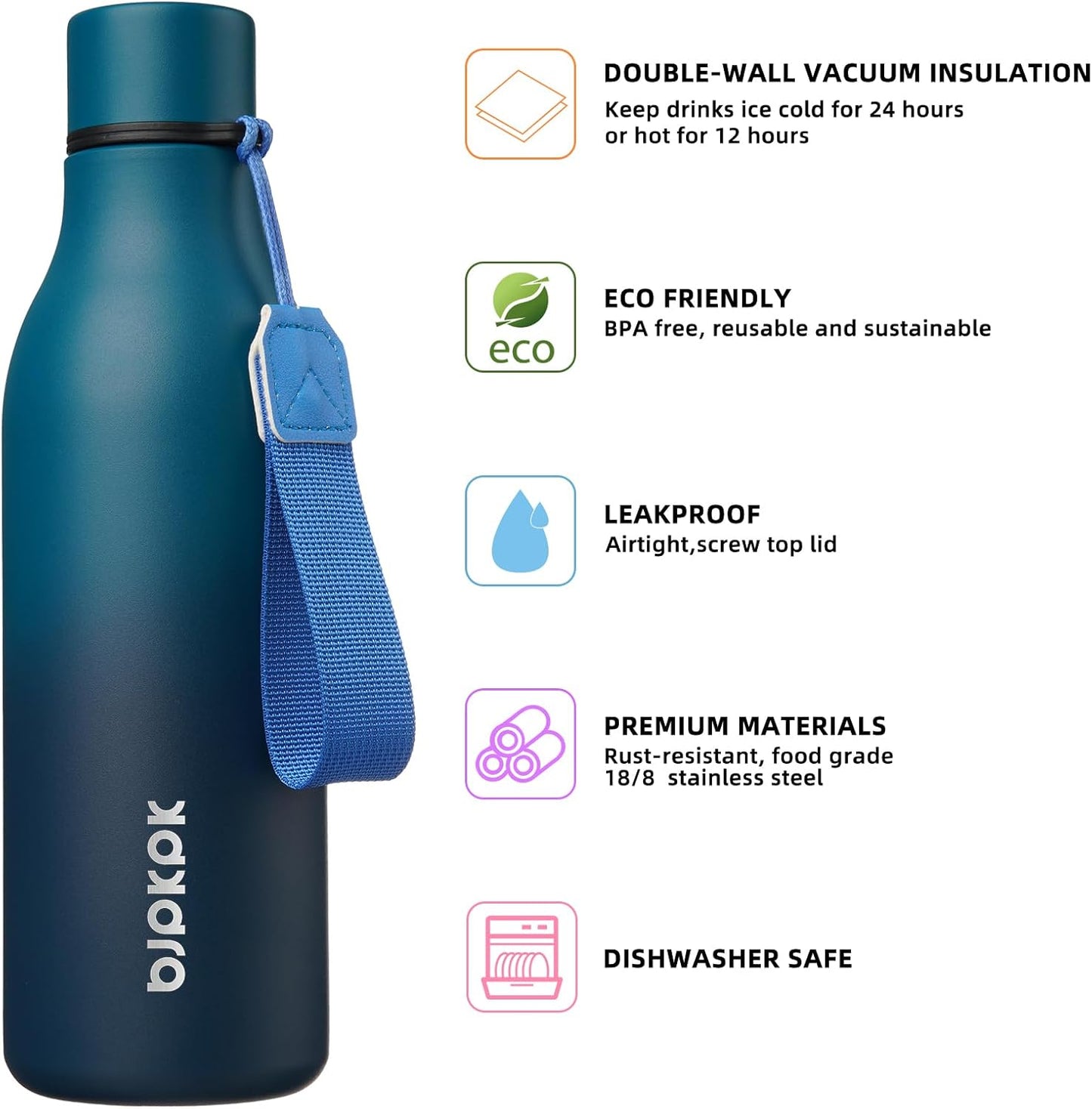 BJPKPK Insulated Water Bottles, 18 oz Stainless Steel Metal Water Bottle with Strap, BPA Free Leak Proof Thermos, Mugs, Flasks, Reusable Water Bottle for Sports & Travel, Sea