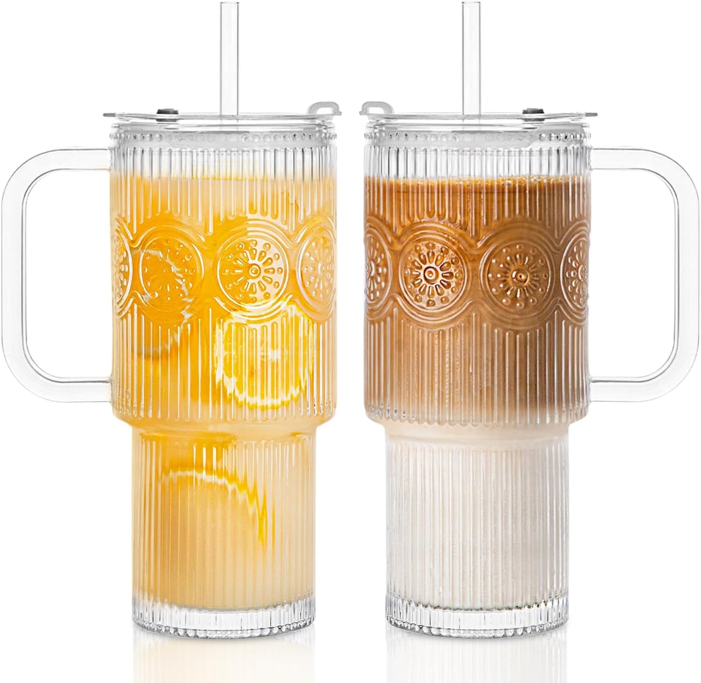 INSETLAN 26oz Ribbed & Floral Glass Tumblers with Handle and Lid, Set of 2 –Reusable Iced Coffee Cups with Straw, Glass Mugs for Water, Smoothies, Tea, and Juice – Ideal for Travel & Daily Use